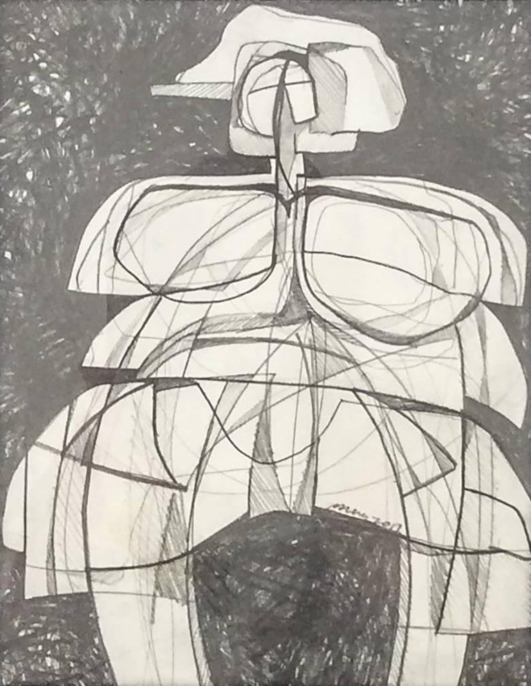Infanta LI (Small Abstract Cubist Graphite Drawing in Vintage Black Frame) - Art by David Dew Bruner