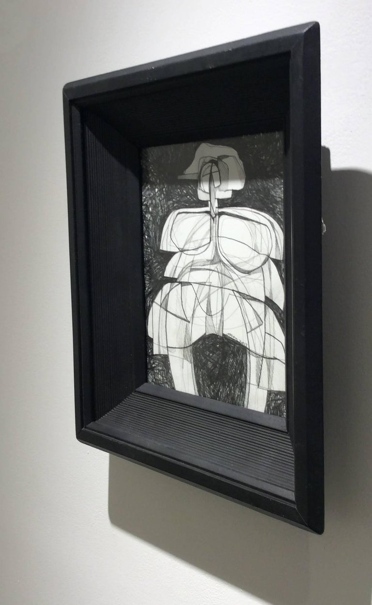 Infanta LI (Small Abstract Cubist Graphite Drawing in Vintage Black Frame) - Modern Art by David Dew Bruner