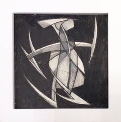 Jazz Figure 2 (Small Square Abstract Cubist Graphite Drawing in Vintage Frame)