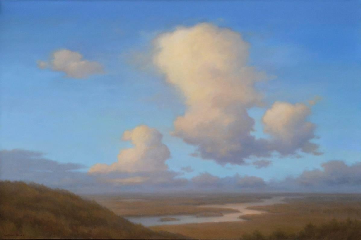Jane Bloodgood-Abrams Landscape Painting - Chasing Light: Landscape Oil Painting of Blue Sky & Clouds in Hudson Valley 