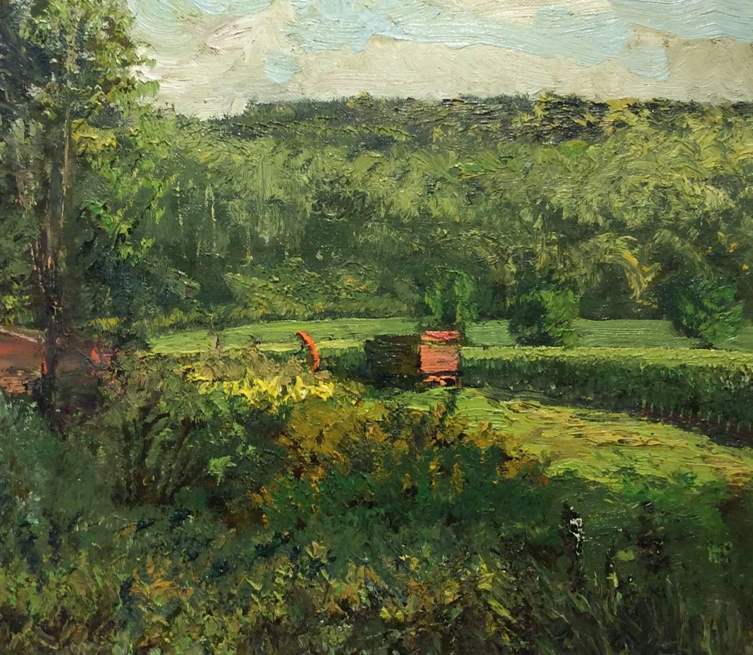 Harry Orlyk Landscape Painting - #5510 Red Wagon: Impressionist Landscape Oil Painting of Green Country Field