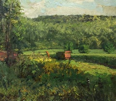 Used #5510 Red Wagon: Impressionist Landscape Oil Painting of Green Country Field