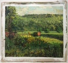 #5510 Red Wagon: Impressionist Landscape Oil Painting of Green Country Field