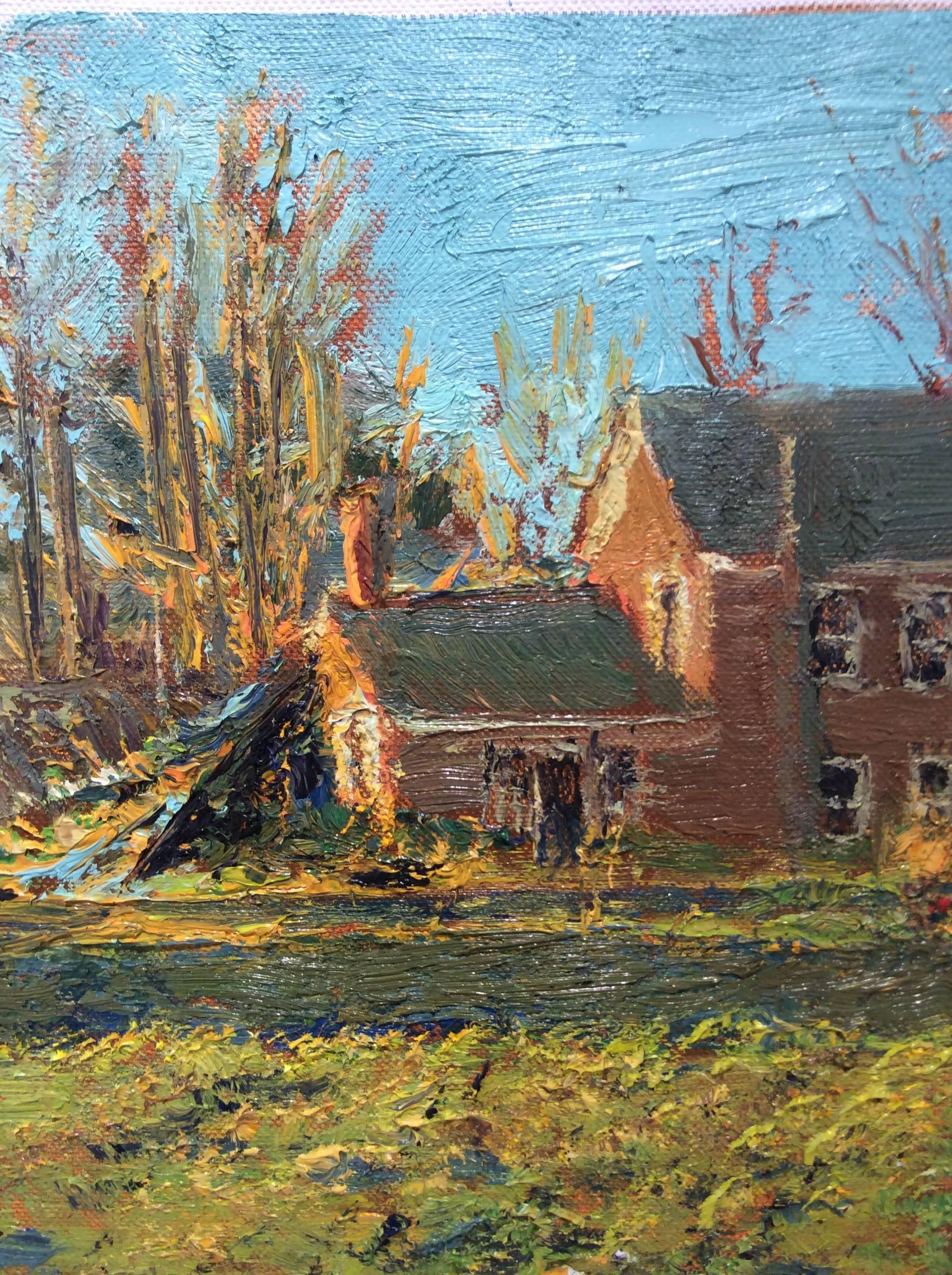 #5511 La vecchia casa di Walker: Pittura a olio su tela di un paesaggio impressionista moderno - Landscape Painting Marrone di Harry Orlyk