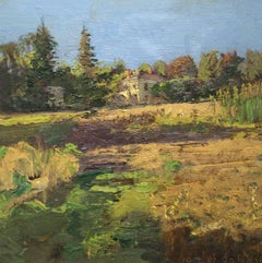 #5513 Casa sulla East Main:  Pittura a olio su tela di un paesaggio impressionista moderno