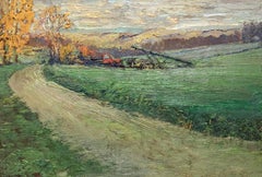 #5515 Irish Road: Impressionist Landscape Oil Painting of Green Country Field