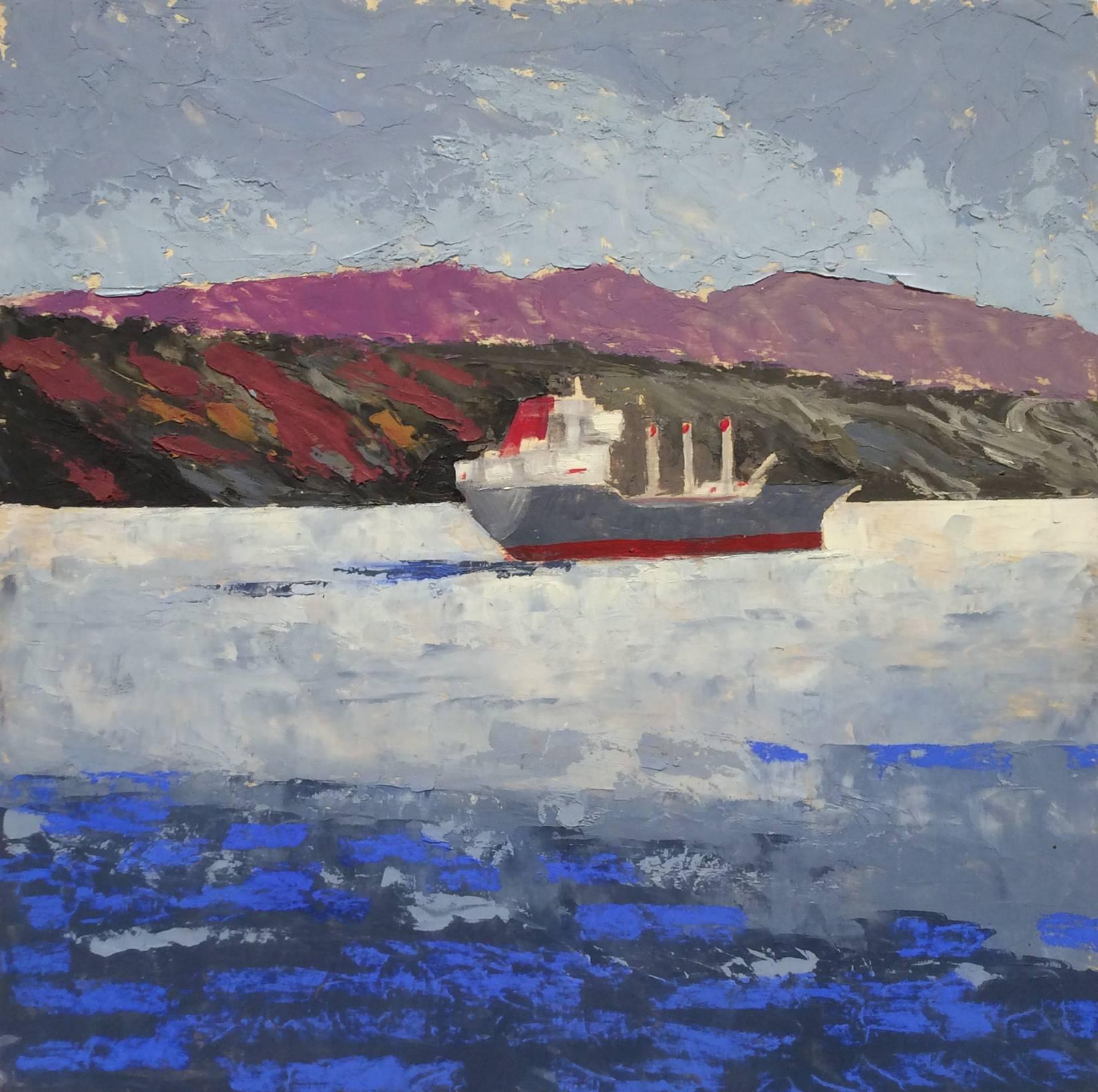 12 x 12 inches unframed
oil on wood panel

This modern, impressionistic style landscape oil painting on wood panel of a barge on the Hudson River was painted by Rhinecliff, NY-based artist Joseph Maresca in 2014. The artist lives on the coast of the