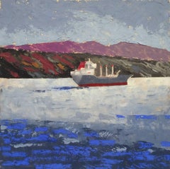 Fog 9G: Impressionist Landscape Painting of Mountains & Boat on Hudson River