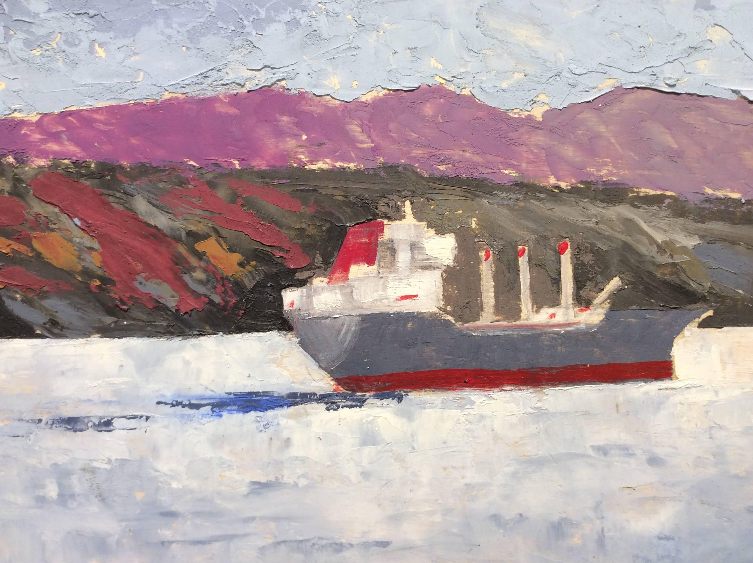 Fog 9G: Impressionist Landscape Painting of Mountains & Boat on Hudson River 2