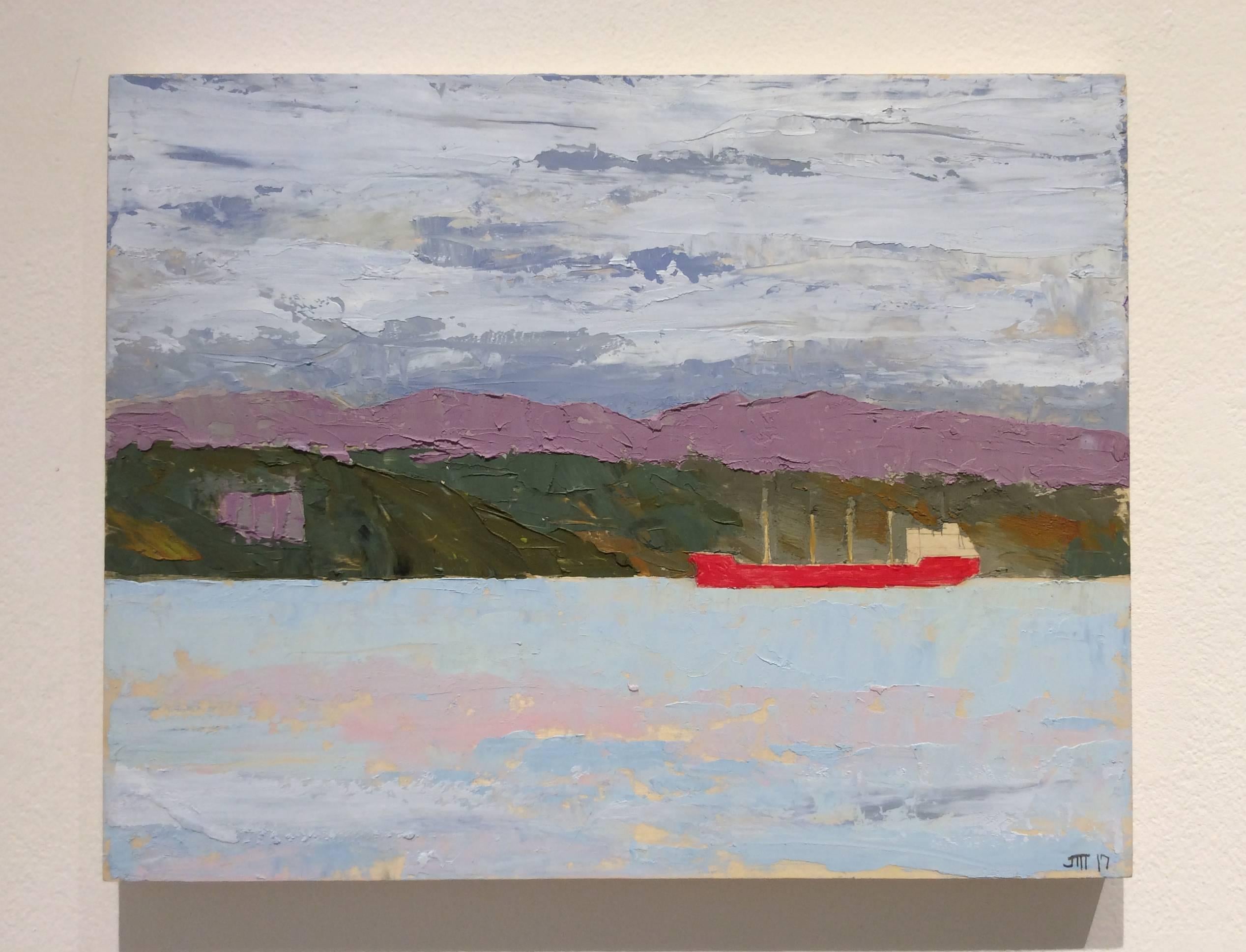 Untitled III: Nautical Style Landscape Painting of Mountains & Boat on River 1