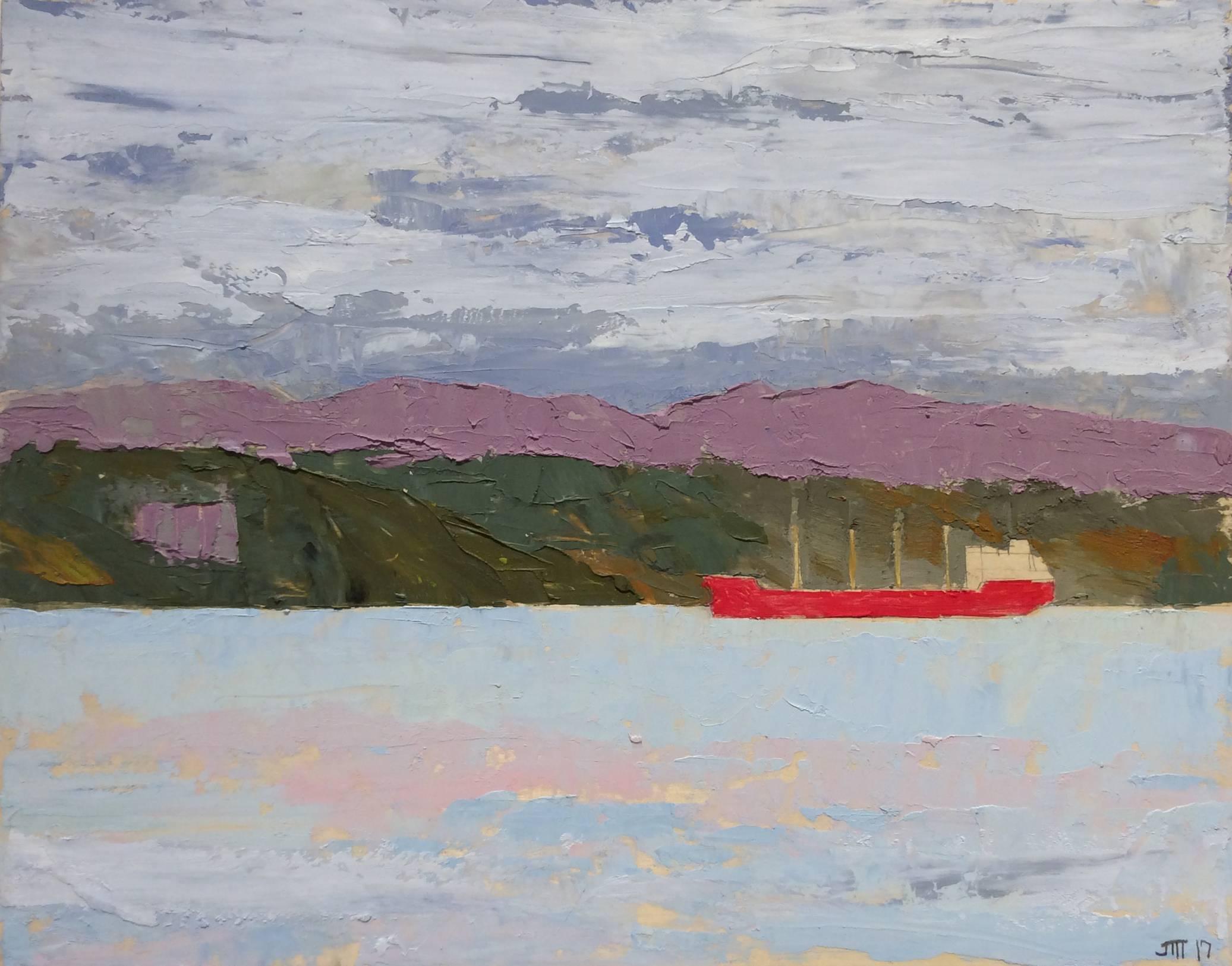 Nautical themed landscape of a red barge on the Hudson River 
11 x 14 inches unframed
oil on wood panel

This modern, impressionistic style landscape oil painting on wood panel of a barge on the Hudson River was painted by Rhinecliff, NY-based