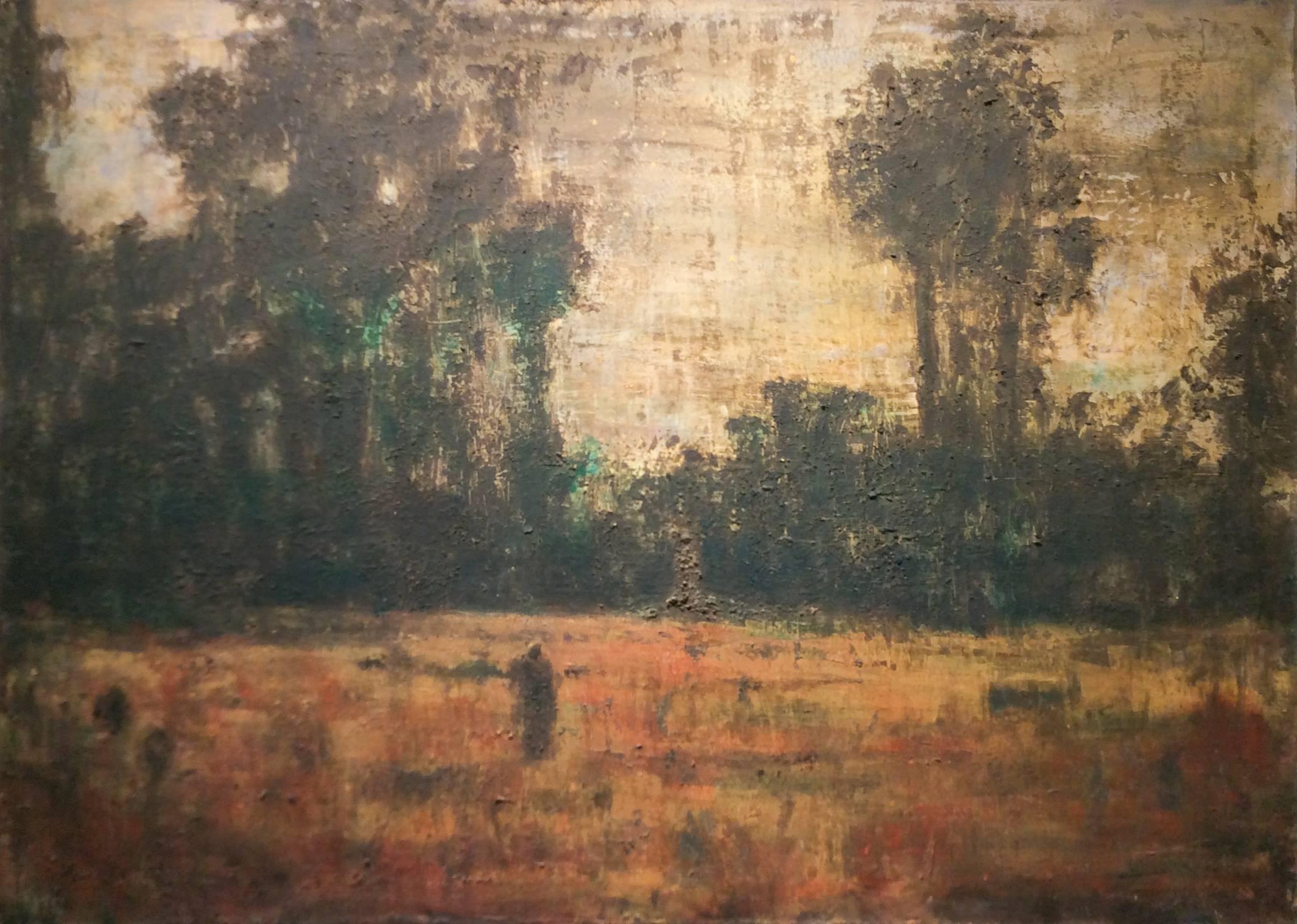 Figure in a Field: Abstract Mixed Media Landscape on Canvas