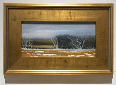 Last Snow (Small Landscape Oil Painting of Winter Country Field, Gold Frame)