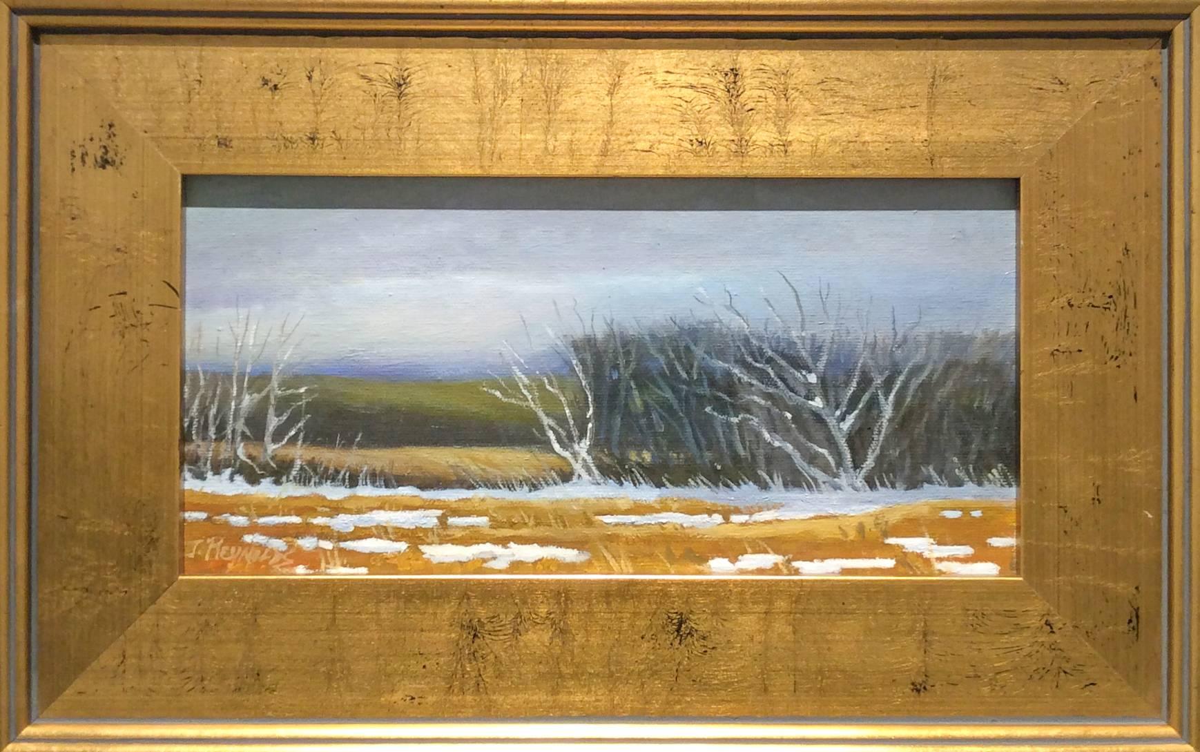 Last Snow (Small Landscape Oil Painting of Winter Country Field, Gold Frame)