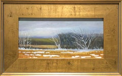 Last Snow (Small Landscape Oil Painting of Winter Country Field, Gold Frame)