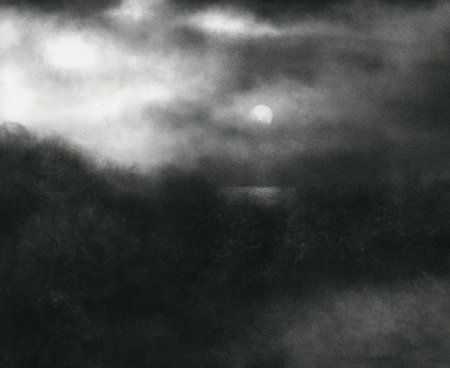 The Long Black Land (Black & White Charcoal Landscape Drawing of Moon & Clouds) - Art by Sue Bryan
