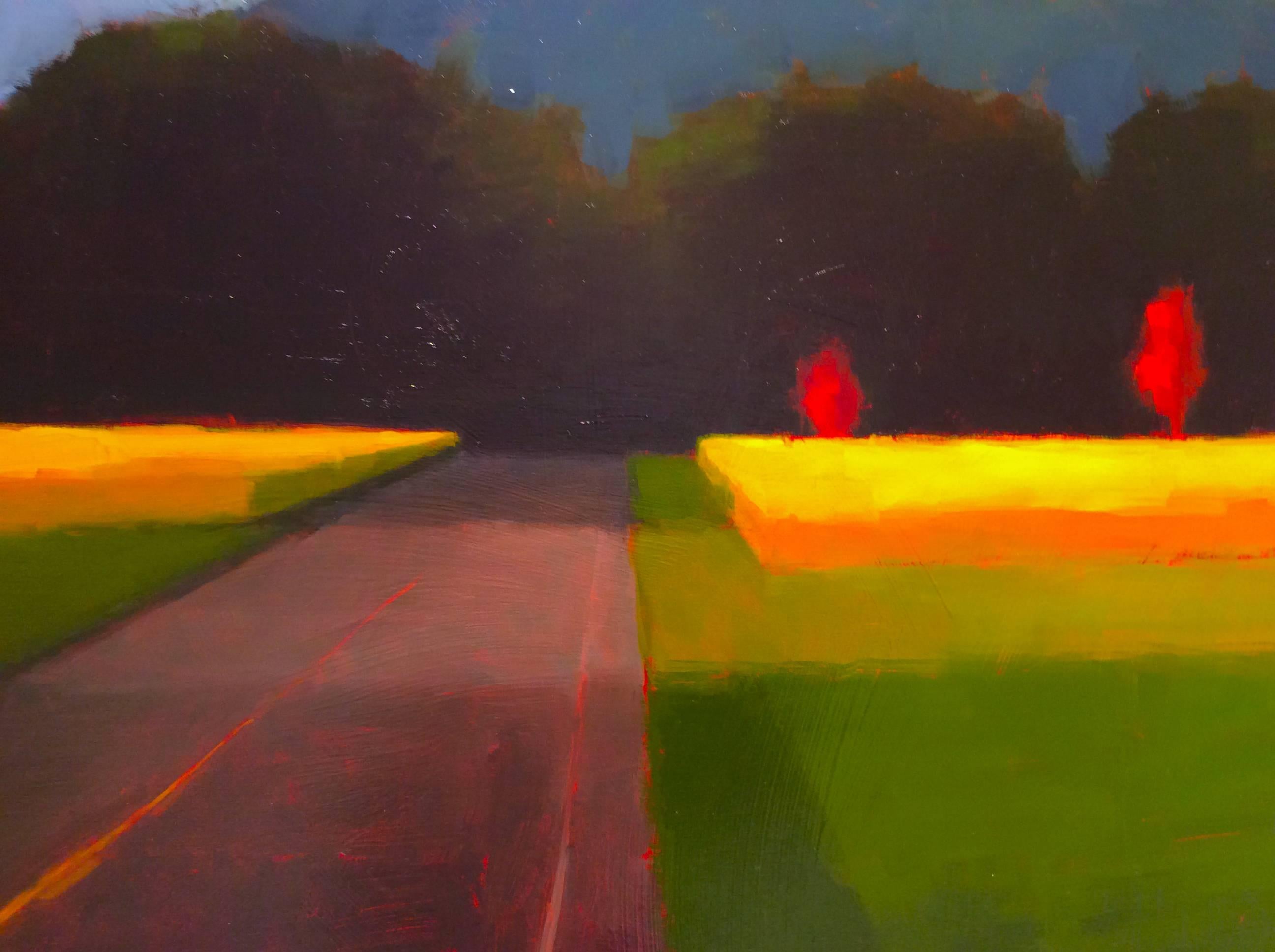 Fall Road Trip (Abstract, Minimal Landscape Painting, Country Field & Blue Hill) 1