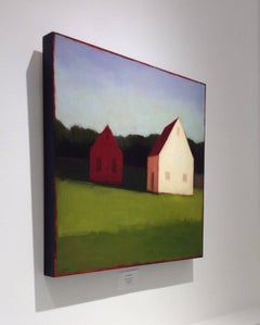 Beside the Point (Abstracted Landscape Painting with White Barns and Red Roofs)