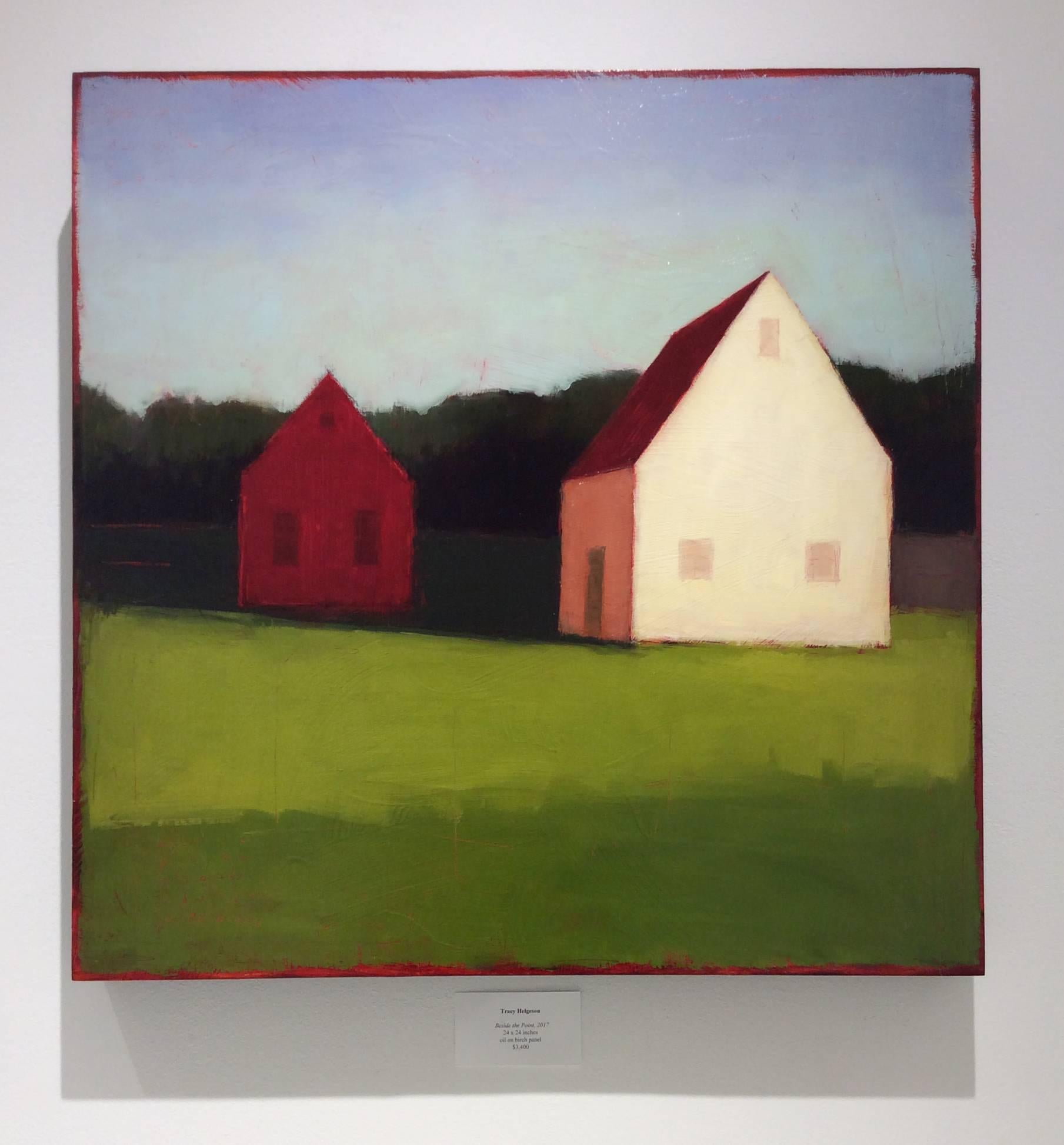 Minimal, abstracted landscape painting in shades of bright red, white, green and blue 
oil on birch panel, 24 x 24 x 2 inches
Ready to hang as is, no frame required, Edges of panel are painted soft black

Helgeson saturates a panel with layers of