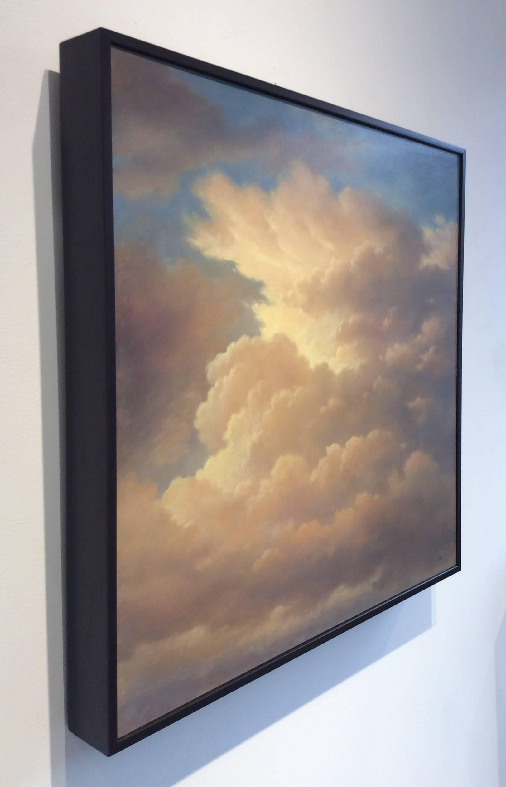 cloud landscape oil painting on panel floated in dark wood frame
25 x 25

Jane Bloodgood-Abrams highlights the sublime beauty of the evening sky with this square skyscape painting on canvas, with warm-hued clouds mingling in shades of cream and