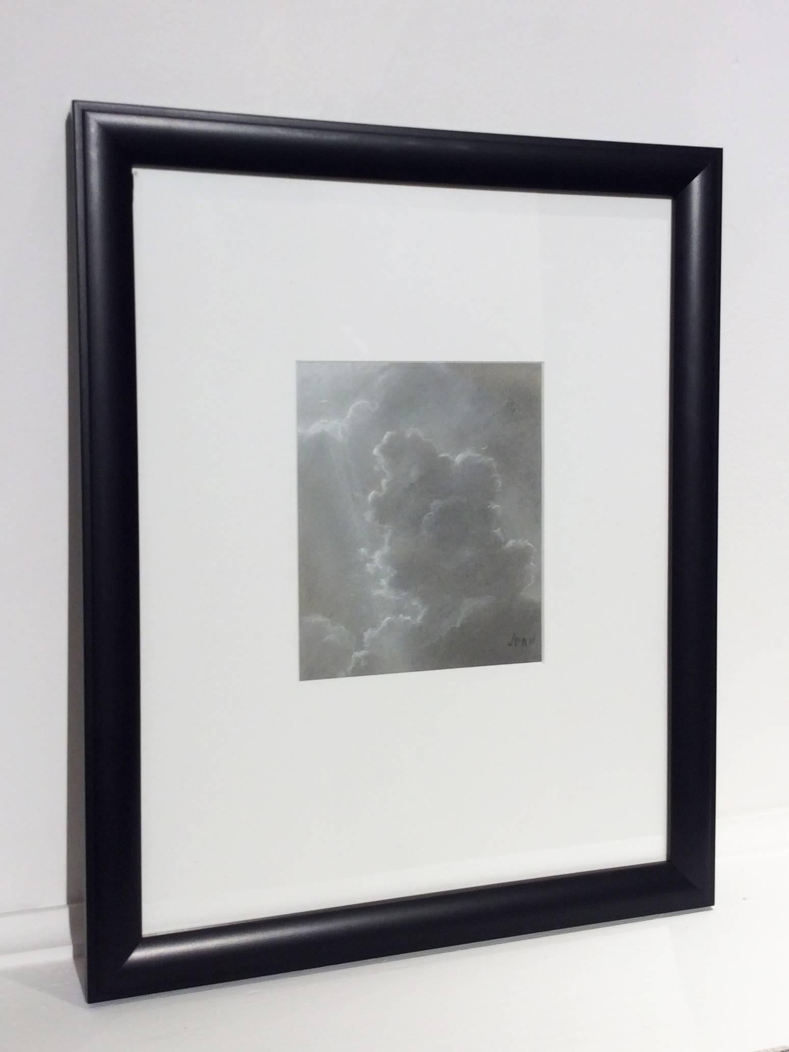 Black and white charcoal landscape drawing of sunlit clouds reminiscent of Hudson River School  and Luminist styles. 

Charcoal and chalk on paper
6 x 5 inches, 15.5 x 12.5 inches framed

A downward ray of sun dramatically outlines a towering cloud