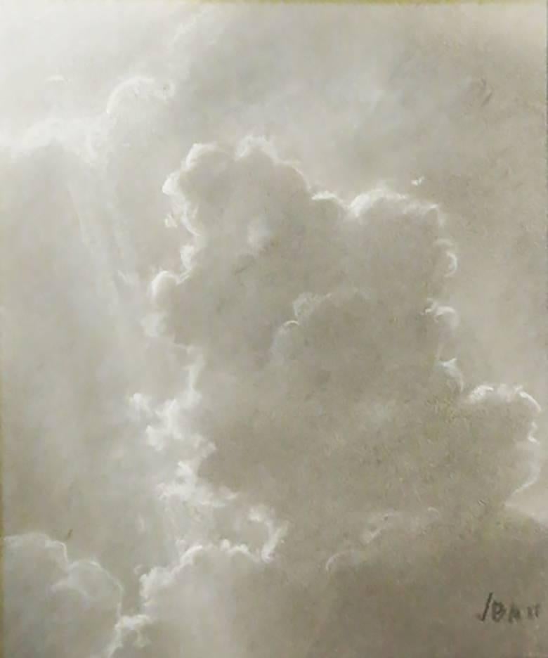Jane Bloodgood-Abrams Landscape Art - Emanating (Black & White Charcoal Landscape Drawing of Sunlit Clouds, Framed)