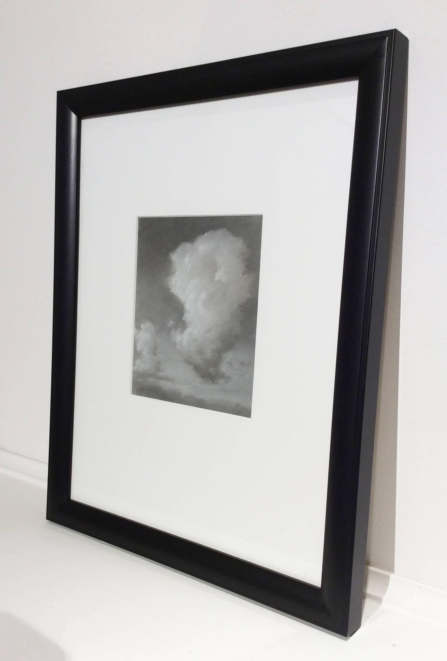 Rising (Black & White Charcoal Landscape Drawing of Sunlit Clouds, Framed) - Gray Landscape Art by Jane Bloodgood-Abrams