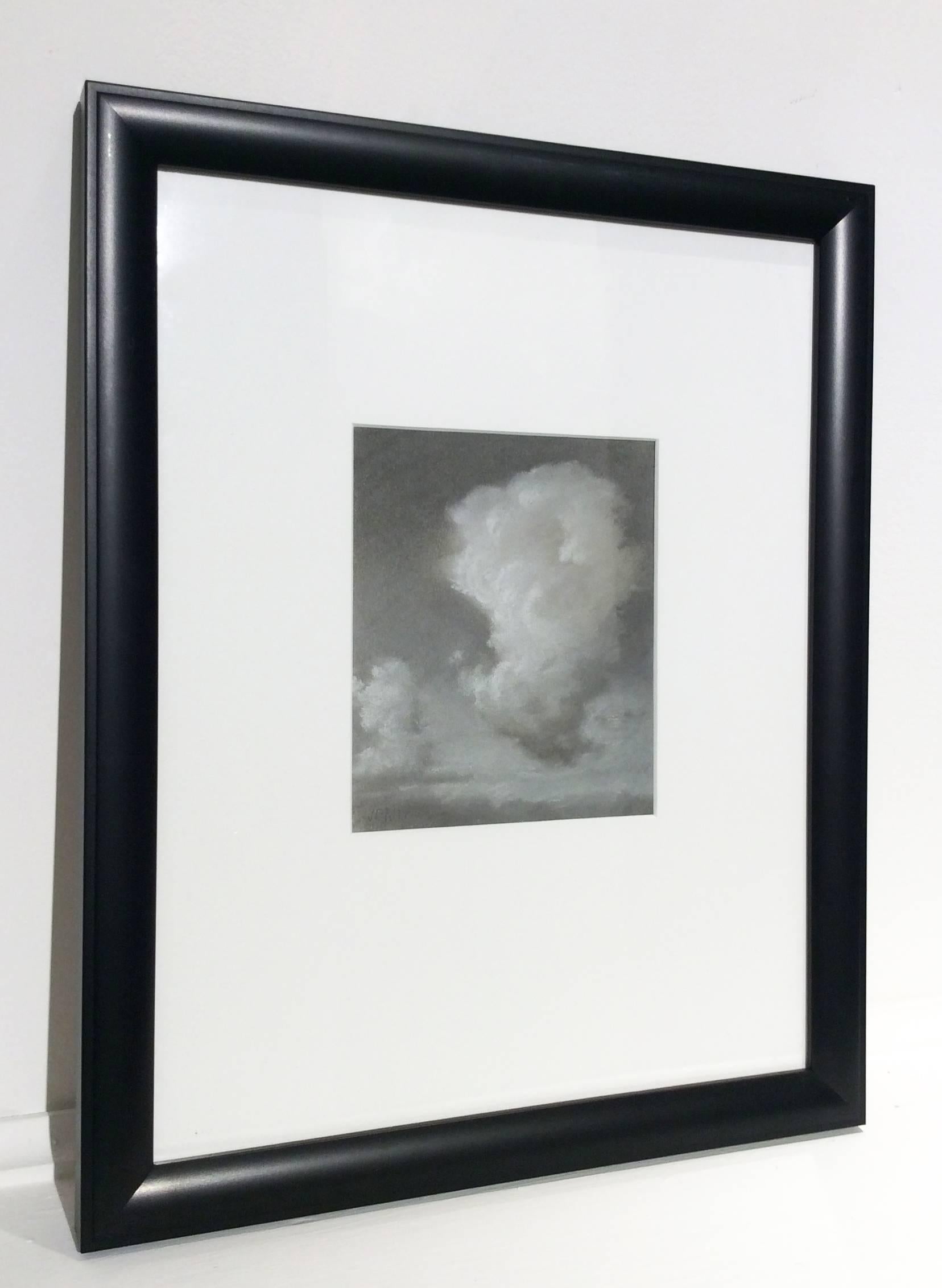 Rising (Black & White Charcoal Landscape Drawing of Sunlit Clouds, Framed) - Hudson River School Art by Jane Bloodgood-Abrams