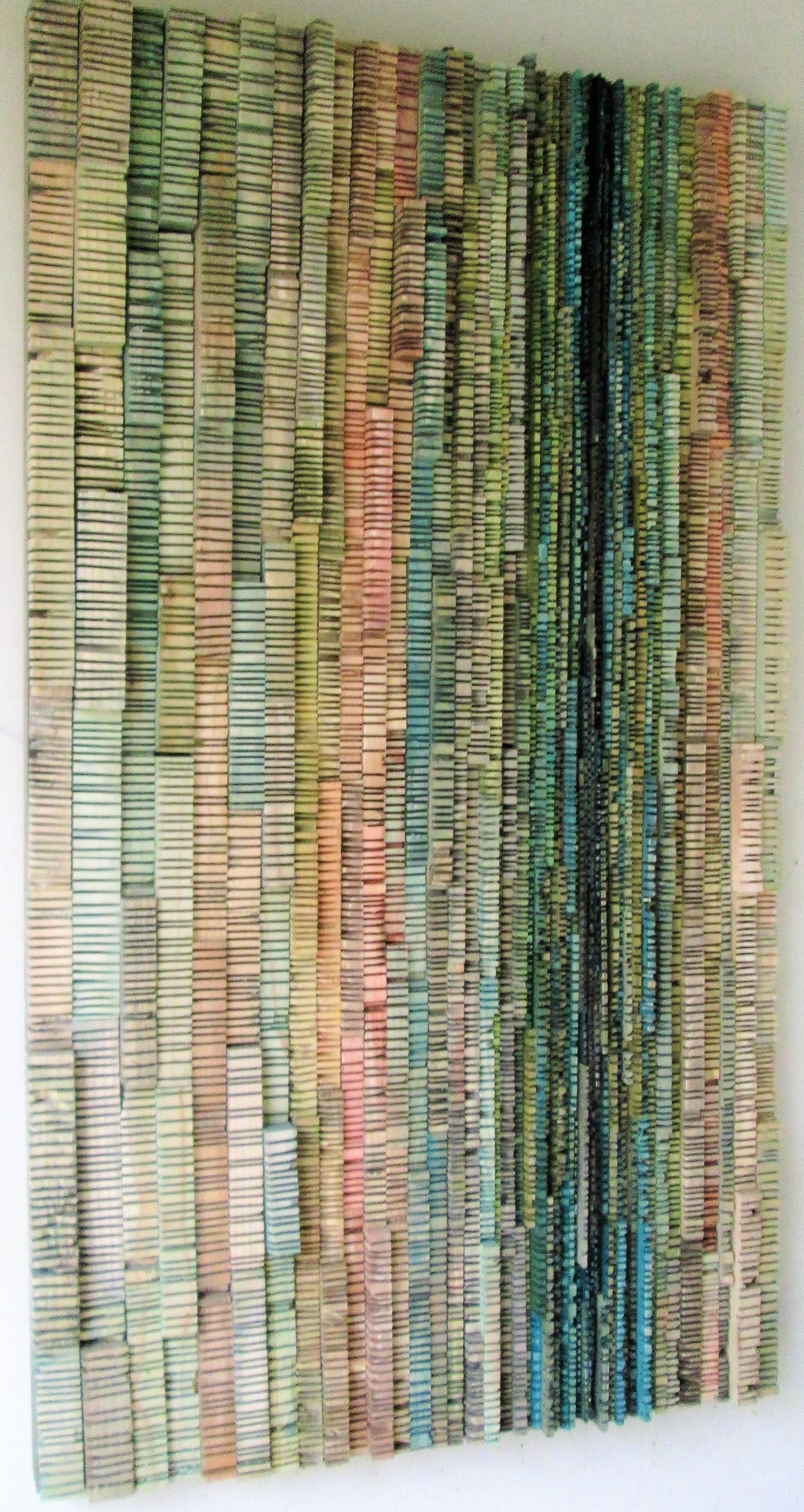 Stephen Walling Abstract Sculpture - Tapestry / Striations: Abstract Carved Wood Wall Sculpture in Rose, Teal & Green