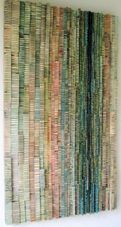 Tapestry / Striations: Abstract Carved Wood Wall Sculpture in Rose, Teal & Green