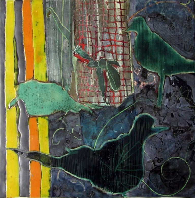 Anne Francey Birds And Geometry No 2 Abstract Ceramic Tile Painting Of Birds In Blue And Green For Sale At 1stdibs