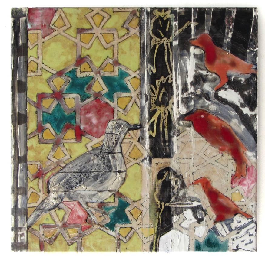 Abstract Sculpture Anne Francey - Configurations n° 1 (peinture abstraite en céramique sur carreaux avec motif d'oiseaux et de mosaïque)