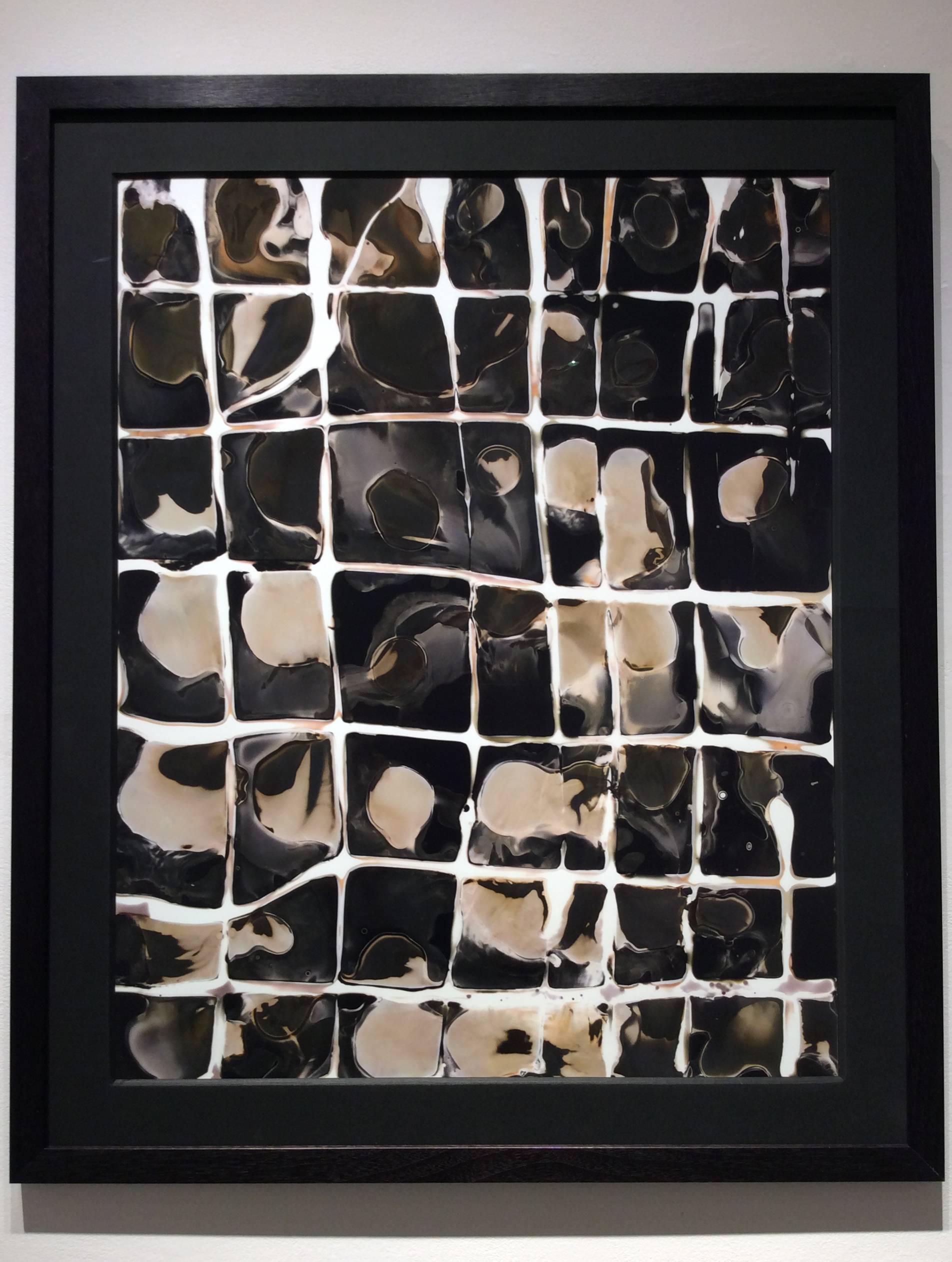 Abstract digital print on black/white photo paper
31.5 x 26.5 inches in custom black stained wood frame with black 8 ply mat and AR non glare glass

These energetic prints are digital copies of original handmade monoprints by photographer Birgit