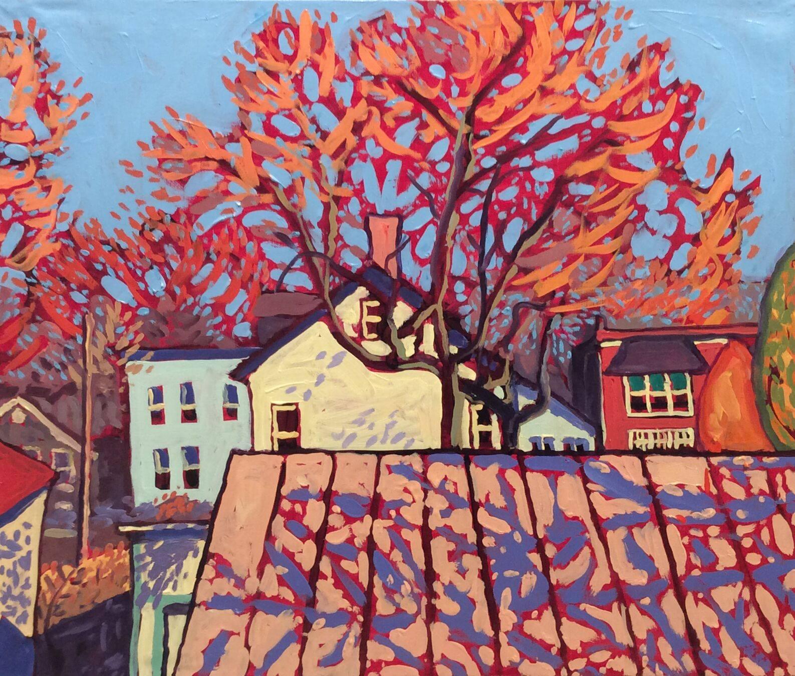 Dan Rupe Still-Life Painting - View from My Studio (Fauvist Style Cityscape Painting of Rooftops & Red Foliage)