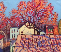 View from My Studio (Fauvist Style Cityscape Painting of Rooftops & Red Foliage)