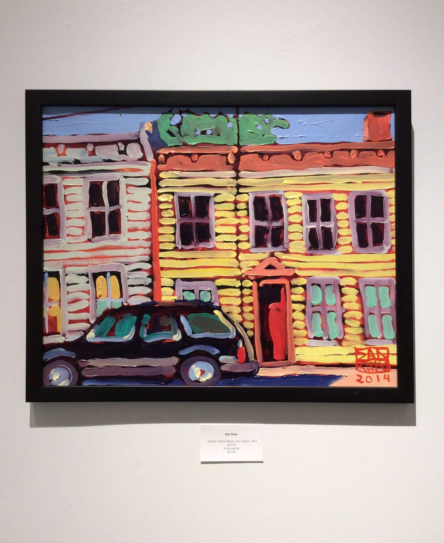 Colorful, Fauvist style cityscape painting of Hudson, NY townhouses in bright yellow and grey.
16 x 20 inches
oil on canvas, framed in a simple black moulding

This modern, Fauvist-style cityscape painting by Dan Rupe captures the streets of Hudson,