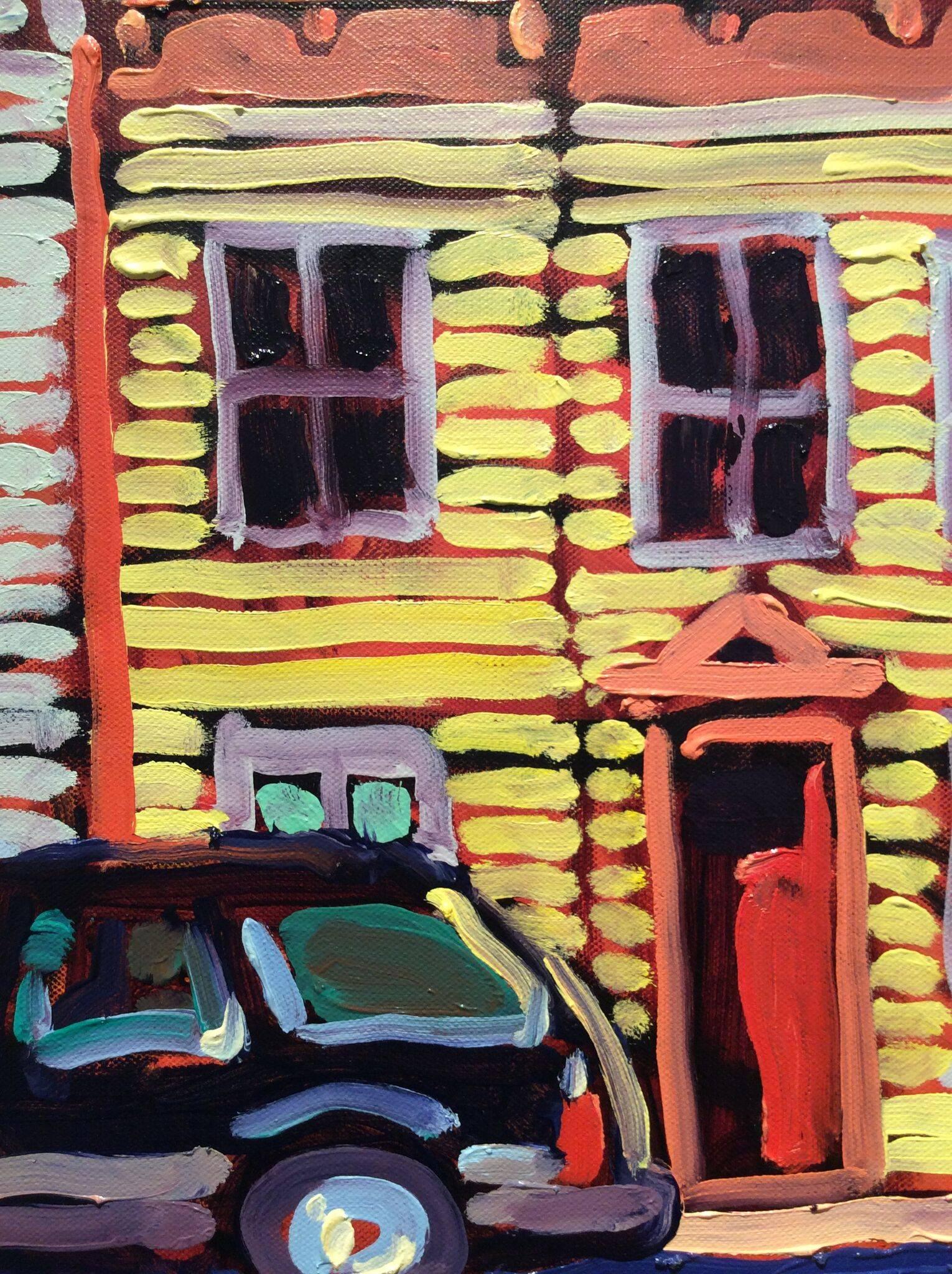 Parked, Yellow & Grey House (Small, Colorful Fauvist Style Cityscape Painting) 1