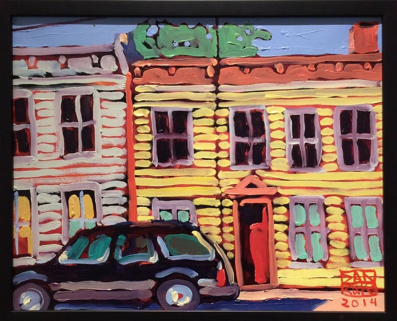 Dan Rupe Still-Life Painting - Parked, Yellow & Grey House (Small, Colorful Fauvist Style Cityscape Painting)