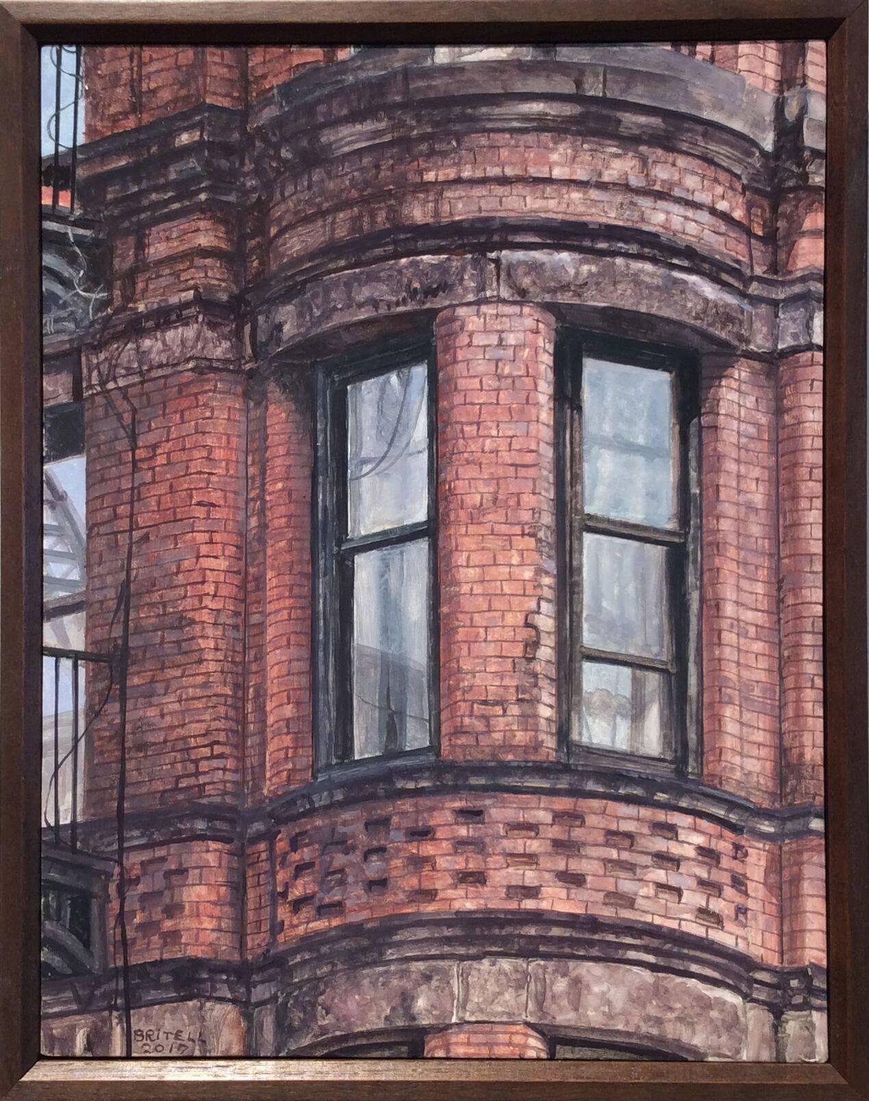 Richard Britell Still-Life Painting - Upper West Side Walkup (Photo-Realist Oil Painting of NYC Red Brick Building)