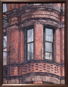 Upper West Side Walkup (Photo-Realist Oil Painting of NYC Red Brick Building)