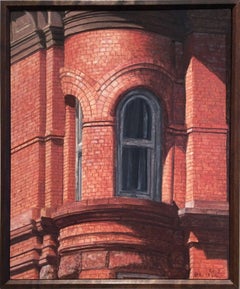 Upper West (Small, Photo-Realist Oil Painting of NYC Red Brick Building)