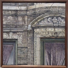 355 East Fourth (Small, Photo-Realist Oil Painting of NYC Grey Brick Building)