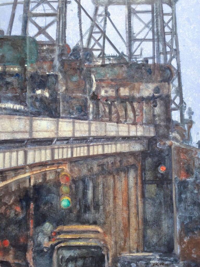 Manhattan Bridge (Modern, Vertical Cityscape Painting of NYC Bridge & Blue Sky) For Sale 2