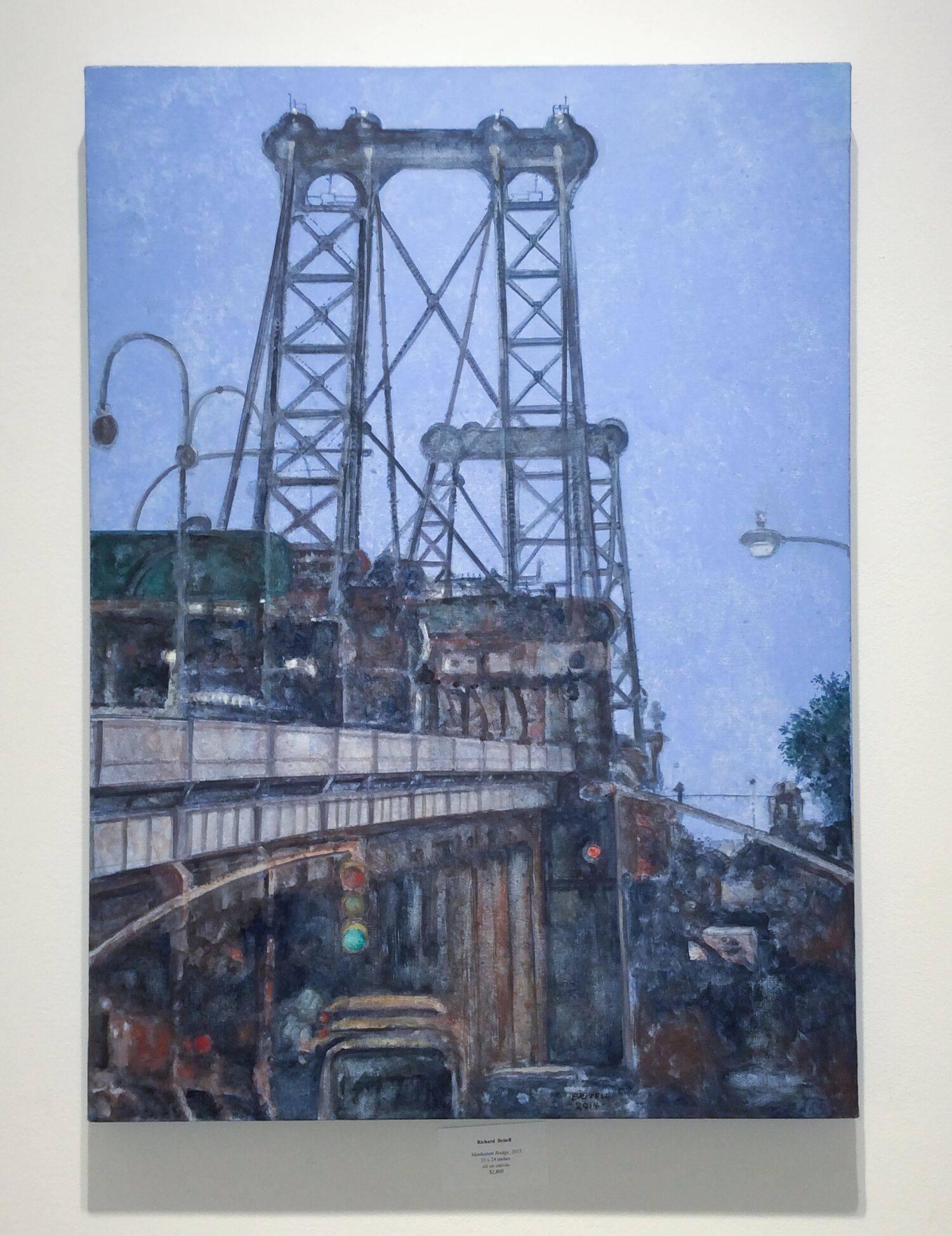 Le pont de Manhattan (peinture de paysage urbain moderne et vertical du pont de New York et du ciel bleu) - Painting de Richard Britell