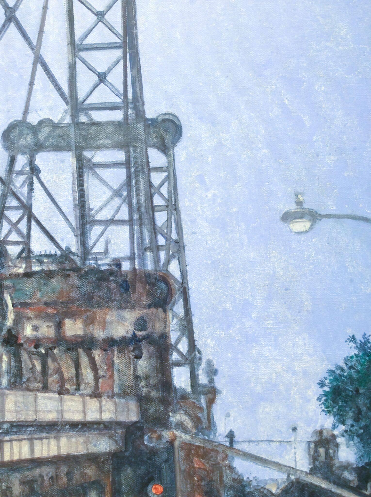 Dipinto a olio di un paesaggio urbano contemporaneo che raffigura il ponte di Manhattan in un cielo blu pervinca. 
olio su tela con lati dipinti 
33 x 24 pollici 

Questo dipinto a olio contemporaneo del Manhattan Bridge di New York è stato