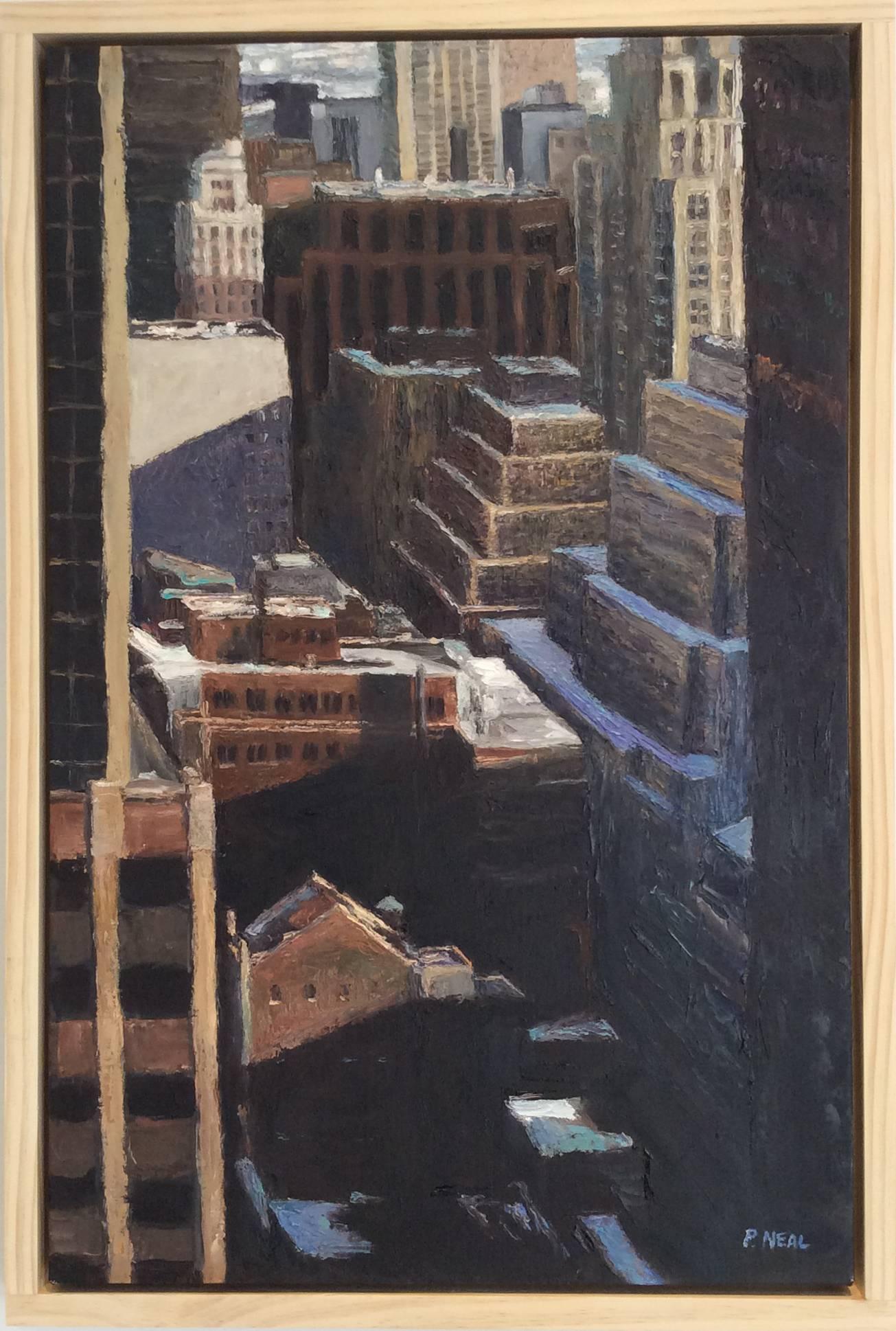 Contemporay cityscape painting of Manhattan from an aerial view 
Oil on canvas in light wood frame
28 x 18 inches, 30 x 20 inches framed

This contemporary oil painting depicting an aerial metropolitan view is the work of realist painter Patty Neal.