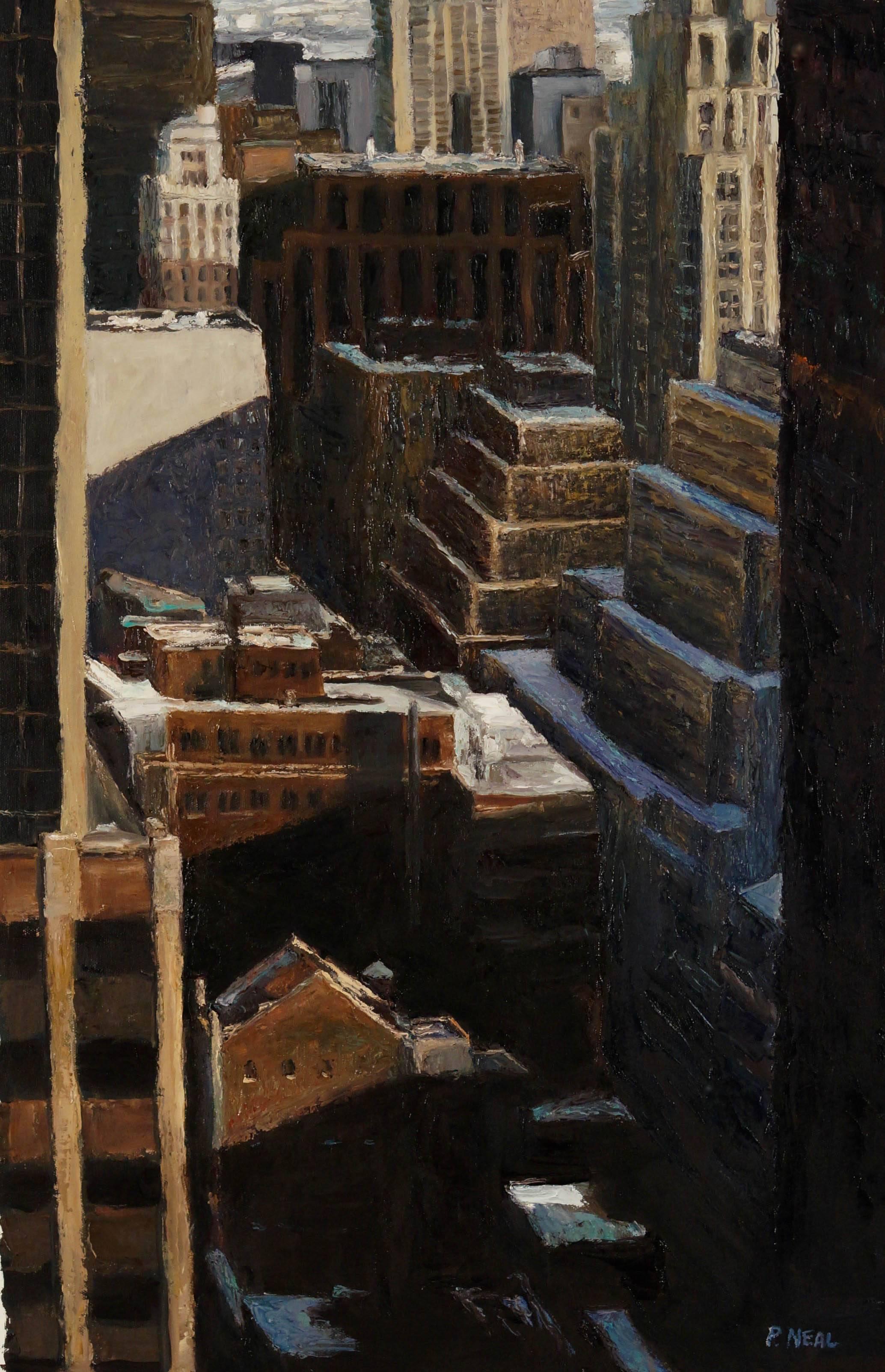 Patty Neal Landscape Painting - City Canyon (Modern Cityscape Oil Painting, Arial View of New York City) 