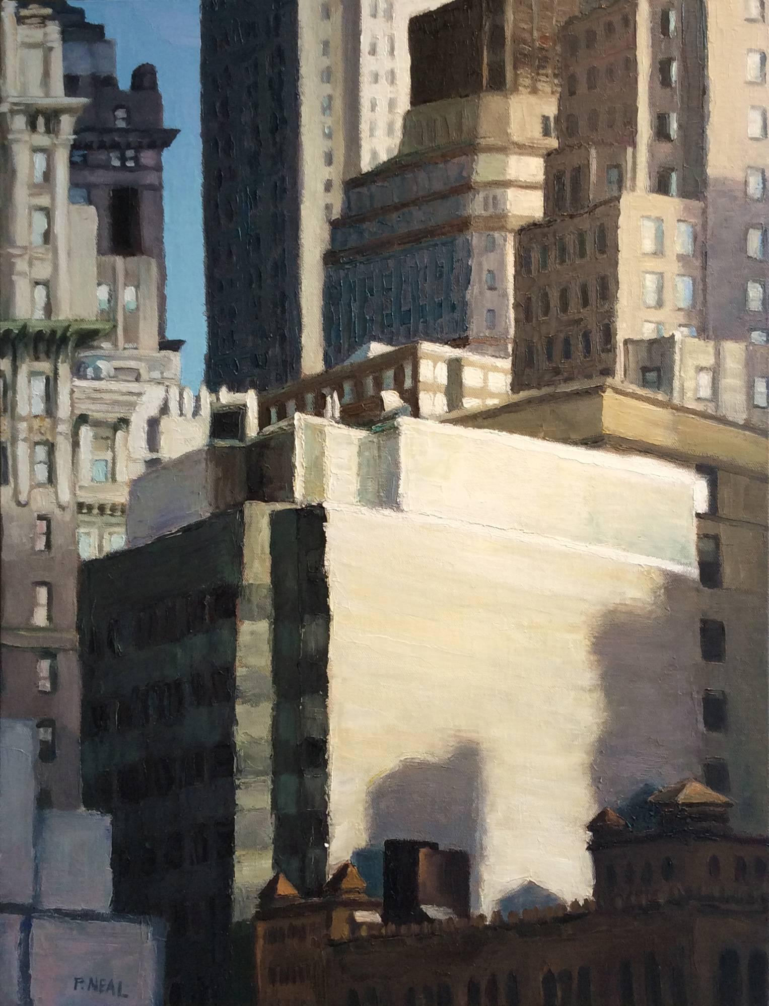 Patty Neal Still-Life Painting - From the West Side: Cityscape Oil Painting of New York City in Light Wood Frame