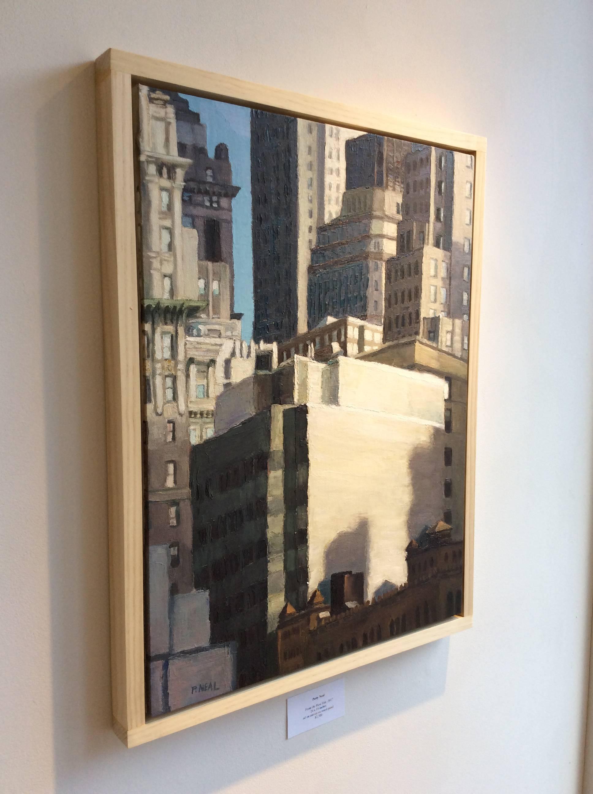 From the West Side: Cityscape Oil Painting of New York City in Light Wood Frame 1