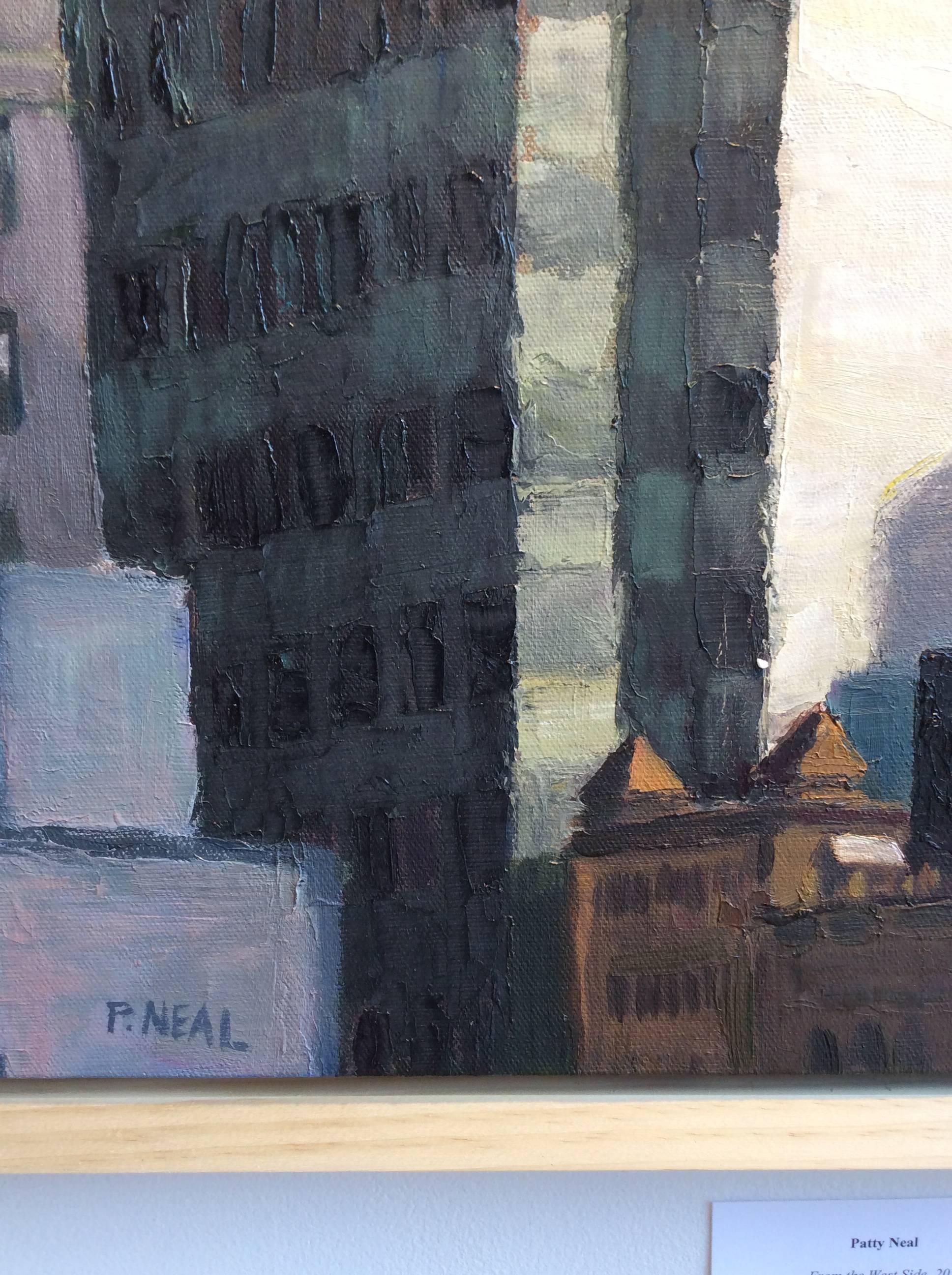 Contemporary cityscape painting of New York City's West Side 
Oil on canvas in light wood frame
24 x 19 inches, 26 x 20 inches

This contemporary oil painting depicting a metropolitan view is the work of realist painter Patty Neal. The painting